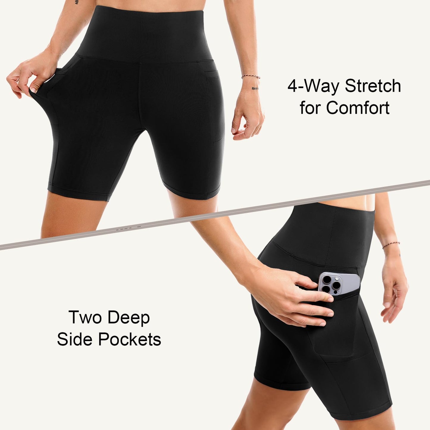 Conjunto de 2 Shorts Ciclistas Femininos Leafigure com Bolsos, Cintura Alta e Modelagem Abdominal para Yoga, Corrida, Academia e Treinos.