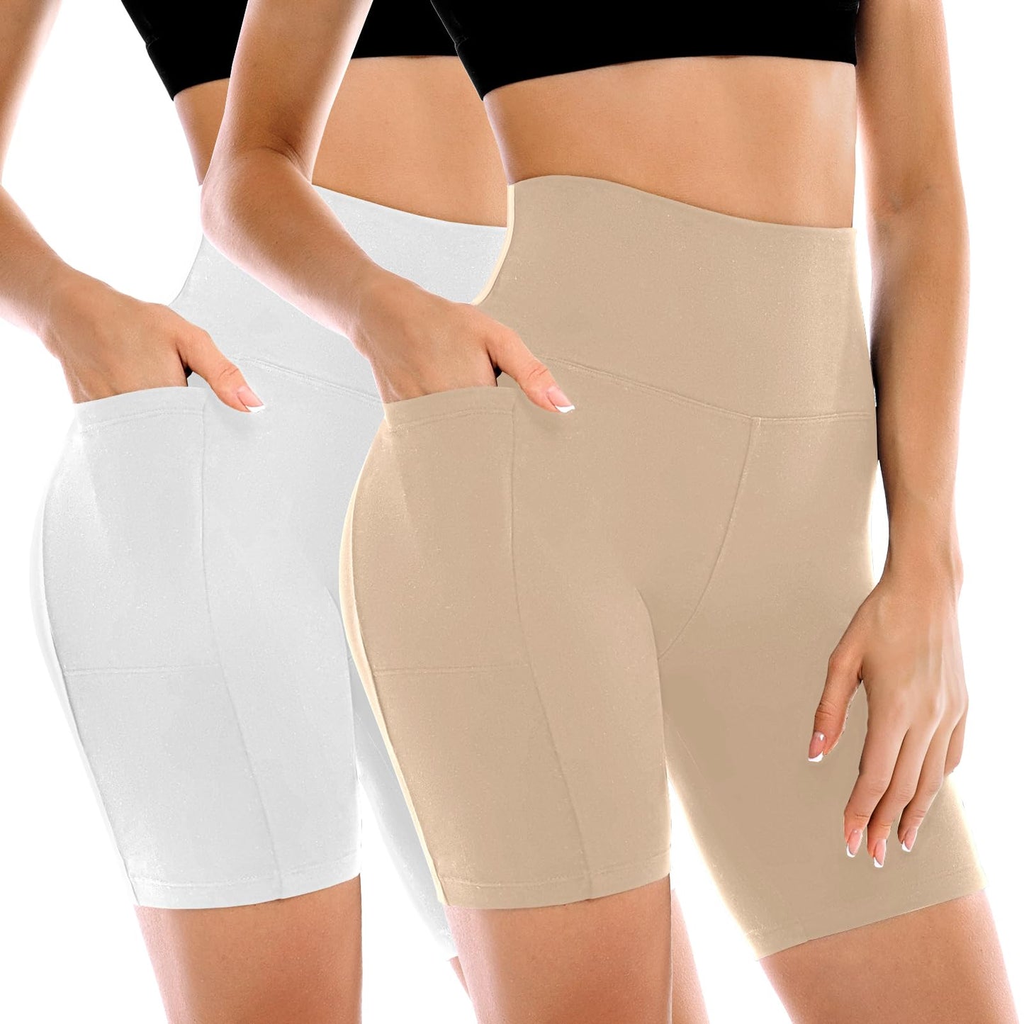 Conjunto de 2 Shorts Ciclistas Femininos Leafigure com Bolsos, Cintura Alta e Modelagem Abdominal para Yoga, Corrida, Academia e Treinos.