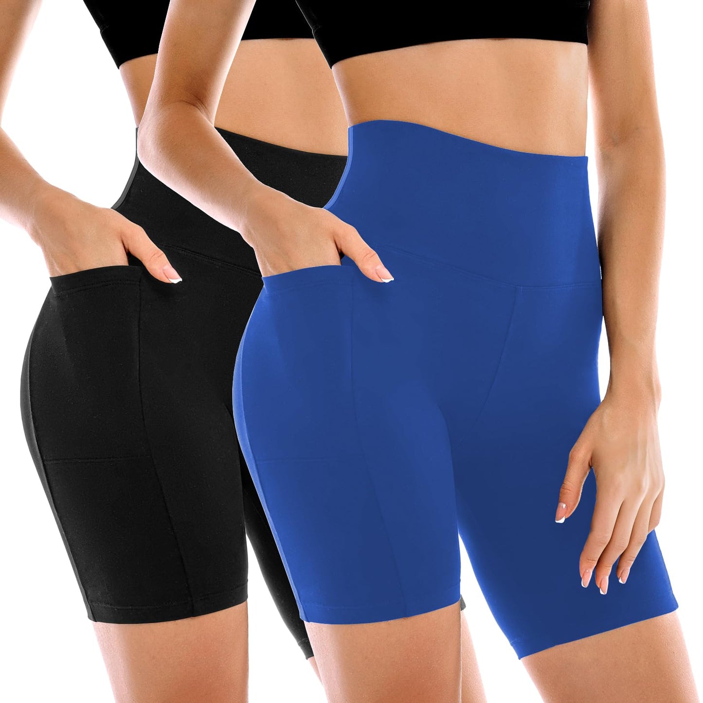 Conjunto de 2 Shorts Ciclistas Femininos Leafigure com Bolsos, Cintura Alta e Modelagem Abdominal para Yoga, Corrida, Academia e Treinos.