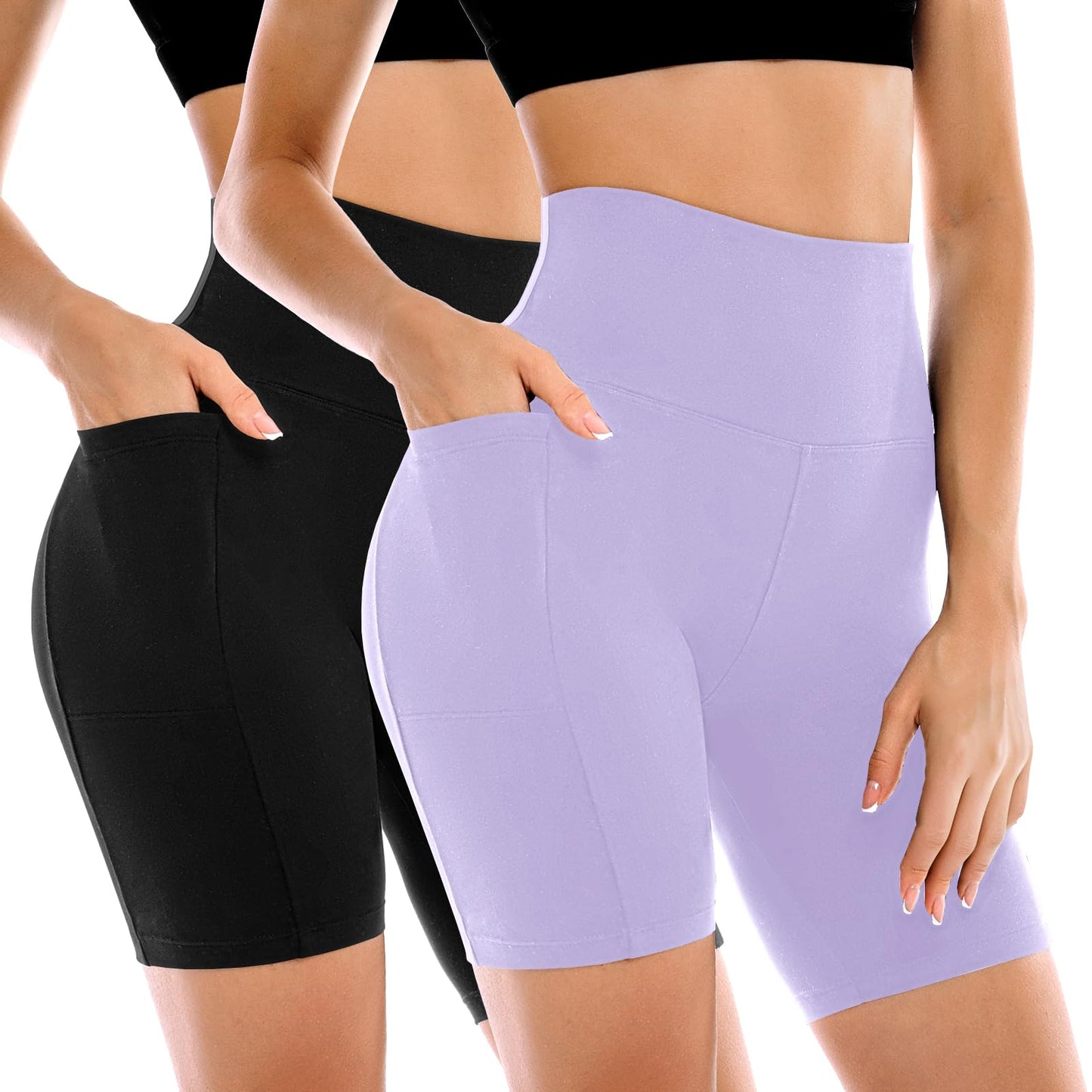 Conjunto de 2 Shorts Ciclistas Femininos Leafigure com Bolsos, Cintura Alta e Modelagem Abdominal para Yoga, Corrida, Academia e Treinos.