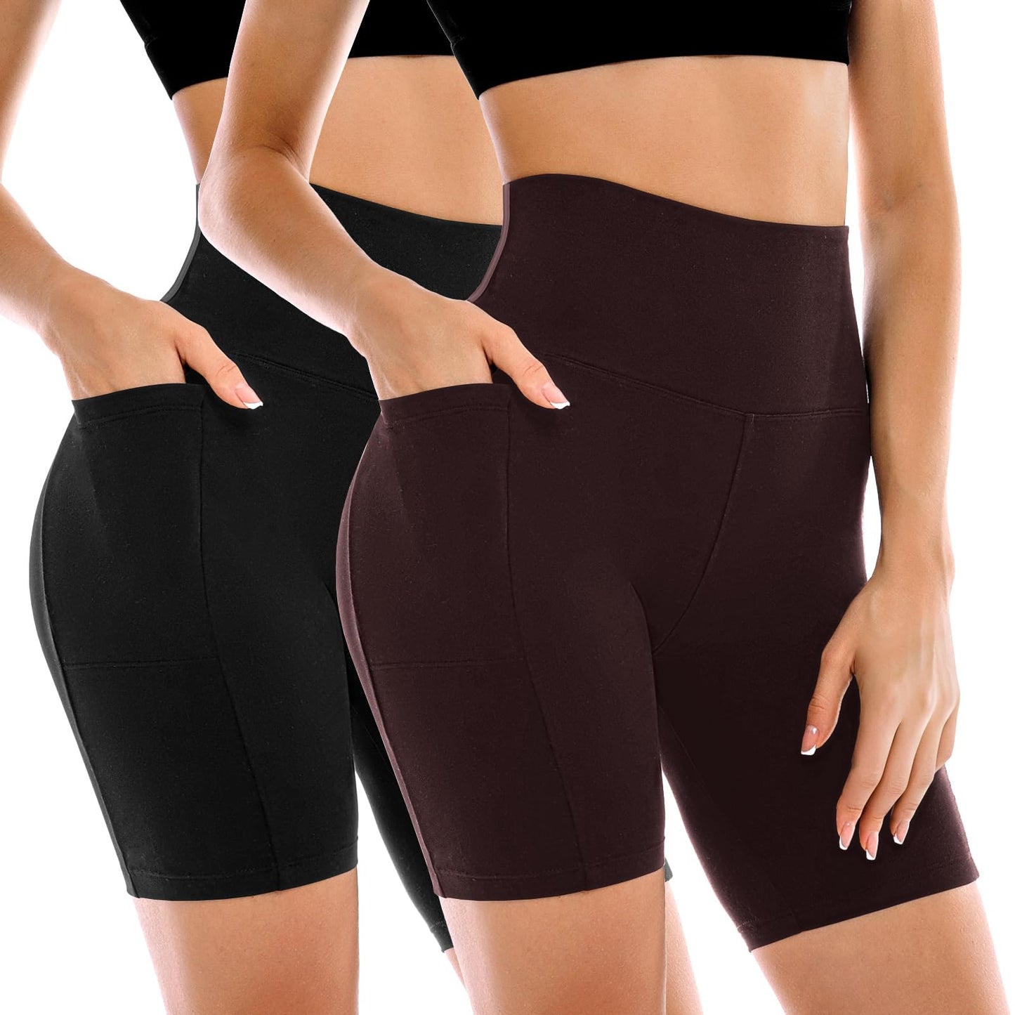 Conjunto de 2 Shorts Ciclistas Femininos Leafigure com Bolsos, Cintura Alta e Modelagem Abdominal para Yoga, Corrida, Academia e Treinos.