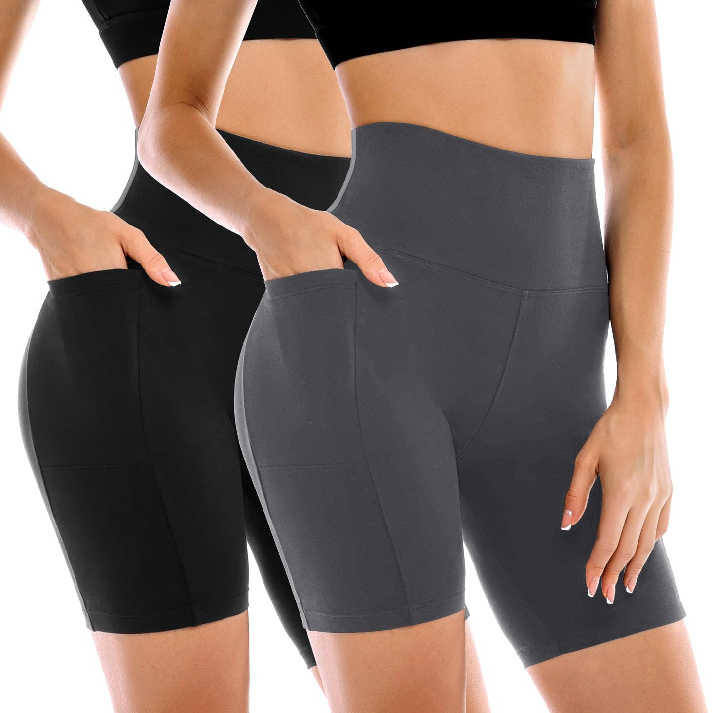 Conjunto de 2 Shorts Ciclistas Femininos Leafigure com Bolsos, Cintura Alta e Modelagem Abdominal para Yoga, Corrida, Academia e Treinos.