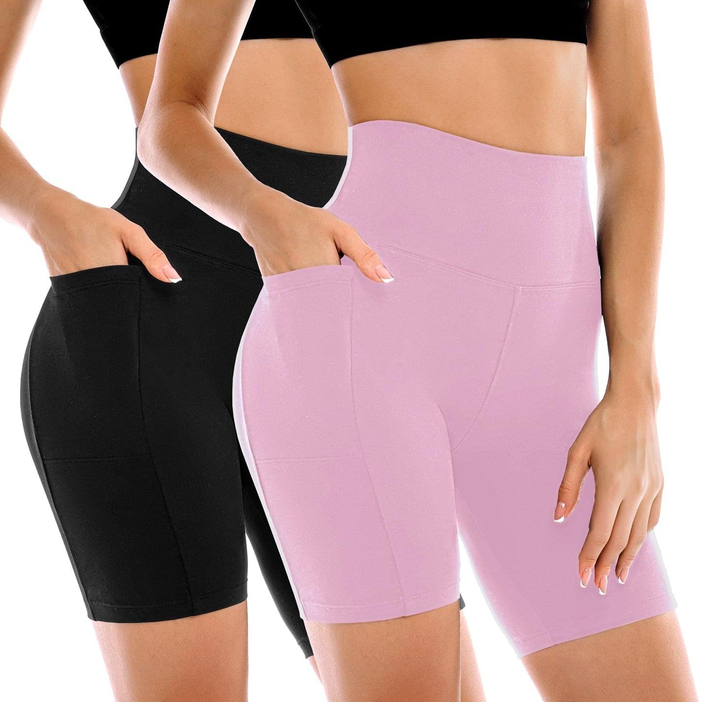 Conjunto de 2 Shorts Ciclistas Femininos Leafigure com Bolsos, Cintura Alta e Modelagem Abdominal para Yoga, Corrida, Academia e Treinos.