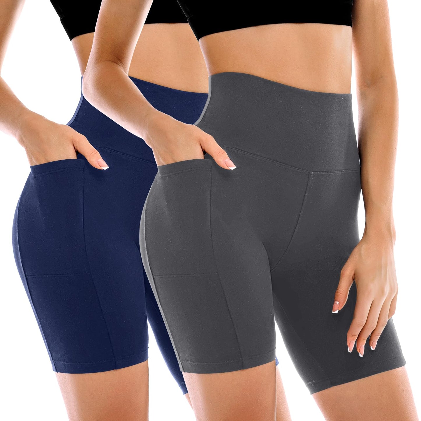 Conjunto de 2 Shorts Ciclistas Femininos Leafigure com Bolsos, Cintura Alta e Modelagem Abdominal para Yoga, Corrida, Academia e Treinos.