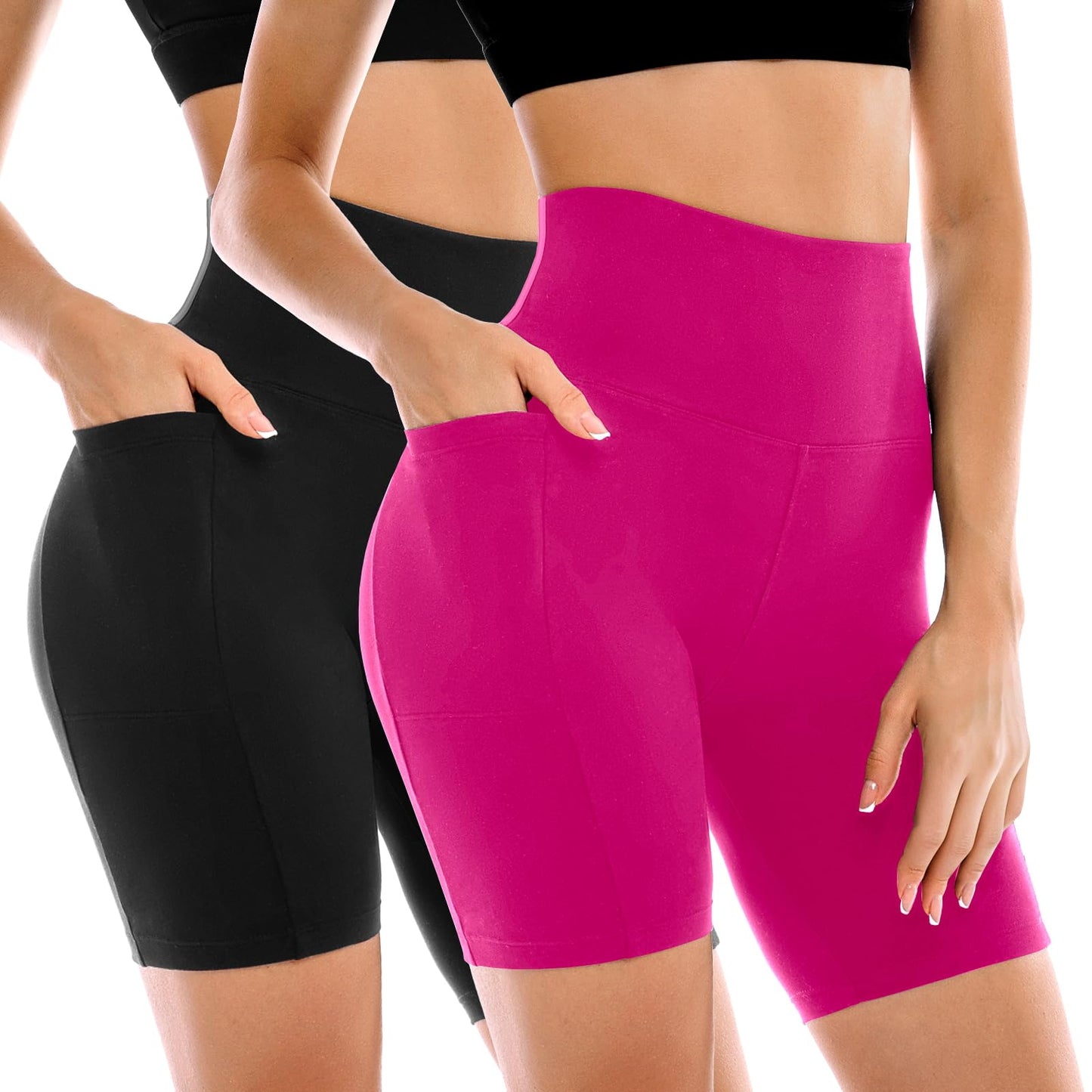 Conjunto de 2 Shorts Ciclistas Femininos Leafigure com Bolsos, Cintura Alta e Modelagem Abdominal para Yoga, Corrida, Academia e Treinos.