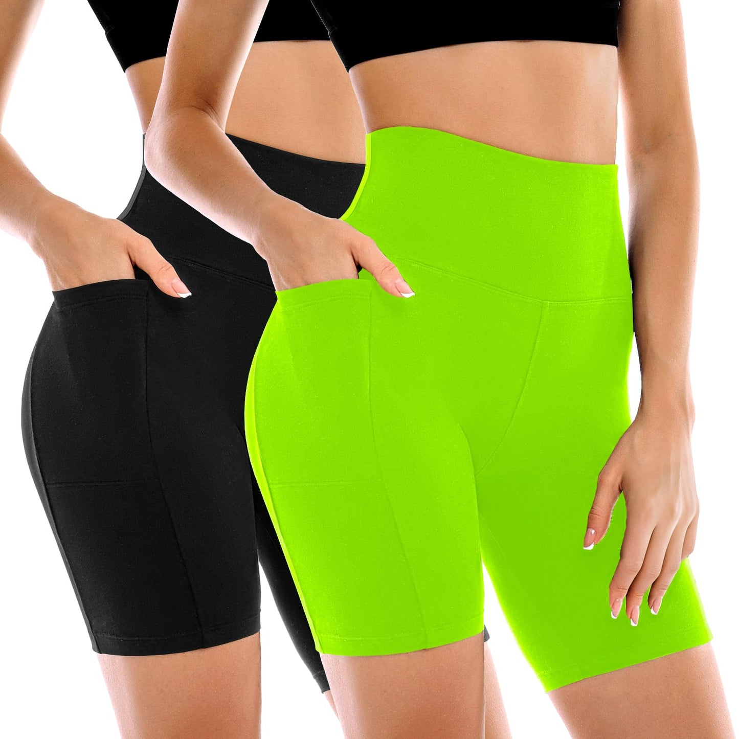 Conjunto de 2 Shorts Ciclistas Femininos Leafigure com Bolsos, Cintura Alta e Modelagem Abdominal para Yoga, Corrida, Academia e Treinos.
