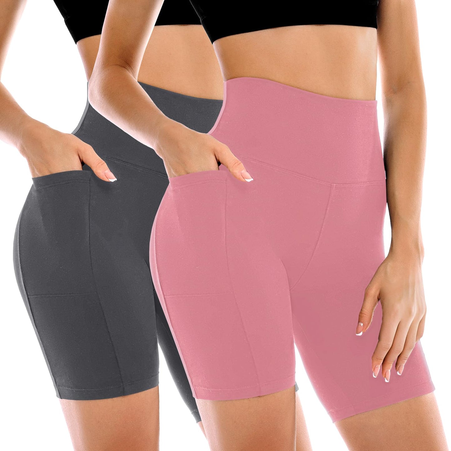 Conjunto de 2 Shorts Ciclistas Femininos Leafigure com Bolsos, Cintura Alta e Modelagem Abdominal para Yoga, Corrida, Academia e Treinos.