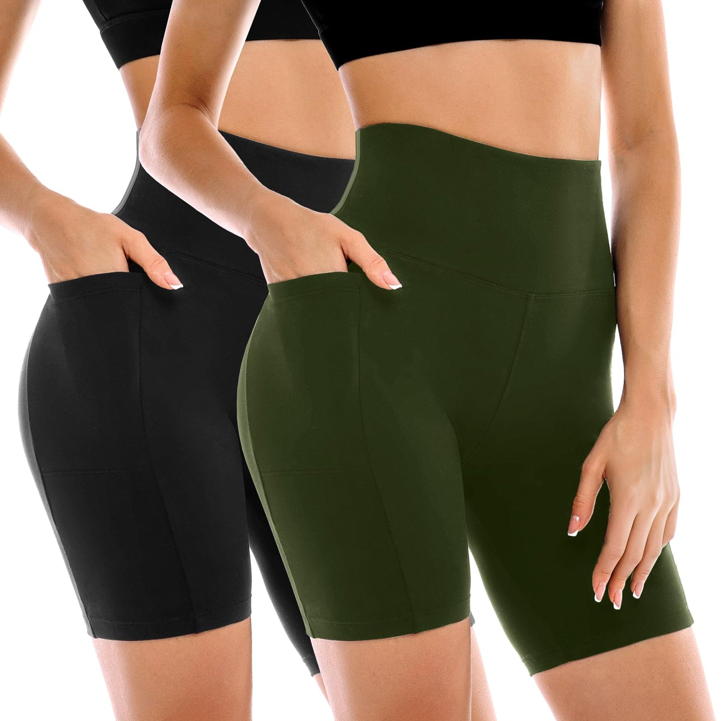 Conjunto de 2 Shorts Ciclistas Femininos Leafigure com Bolsos, Cintura Alta e Modelagem Abdominal para Yoga, Corrida, Academia e Treinos.