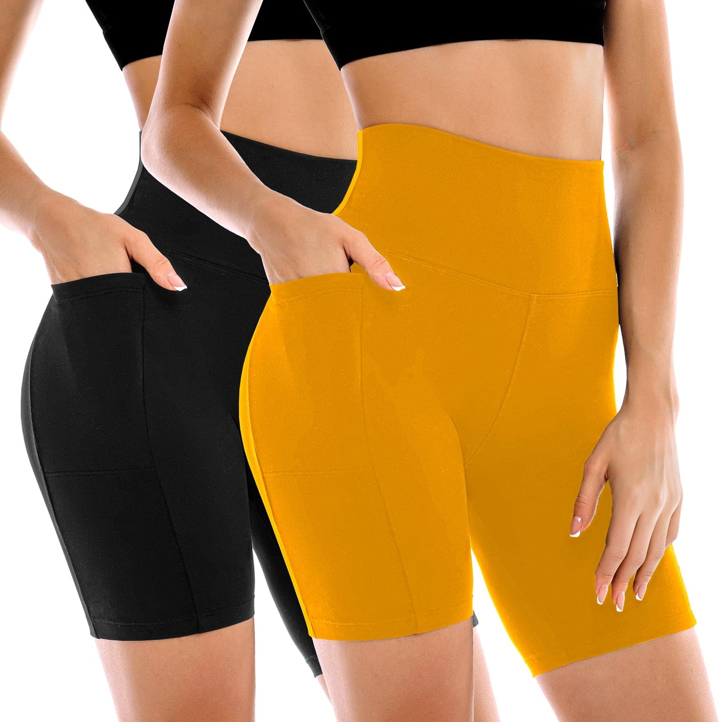 Conjunto de 2 Shorts Ciclistas Femininos Leafigure com Bolsos, Cintura Alta e Modelagem Abdominal para Yoga, Corrida, Academia e Treinos.