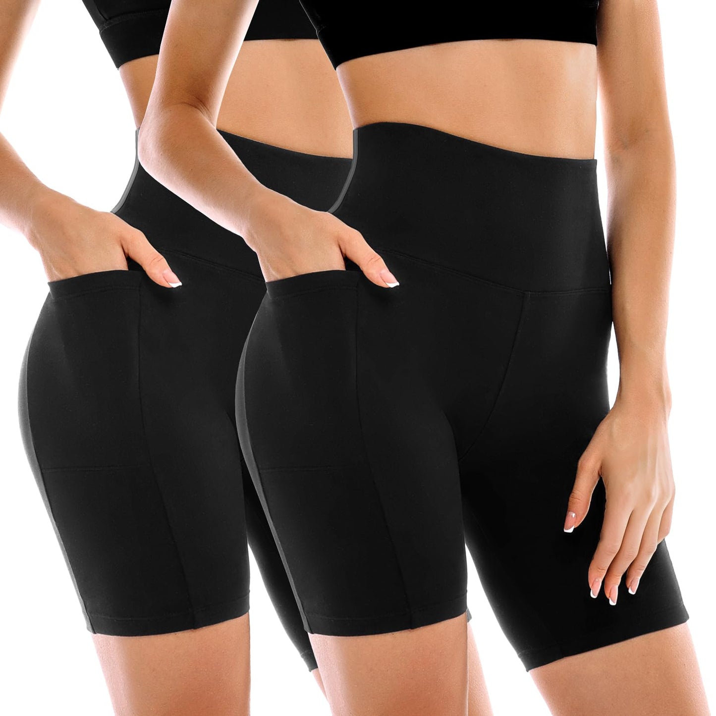 Conjunto de 2 Shorts Ciclistas Femininos Leafigure com Bolsos, Cintura Alta e Modelagem Abdominal para Yoga, Corrida, Academia e Treinos.