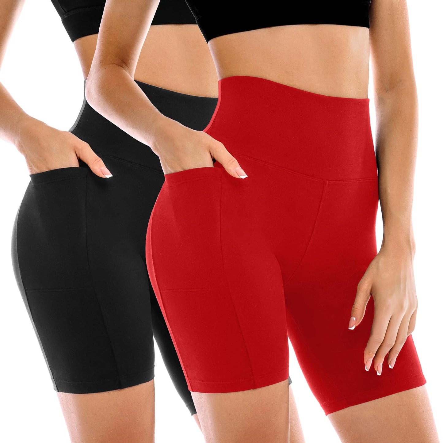 Conjunto de 2 Shorts Ciclistas Femininos Leafigure com Bolsos, Cintura Alta e Modelagem Abdominal para Yoga, Corrida, Academia e Treinos.