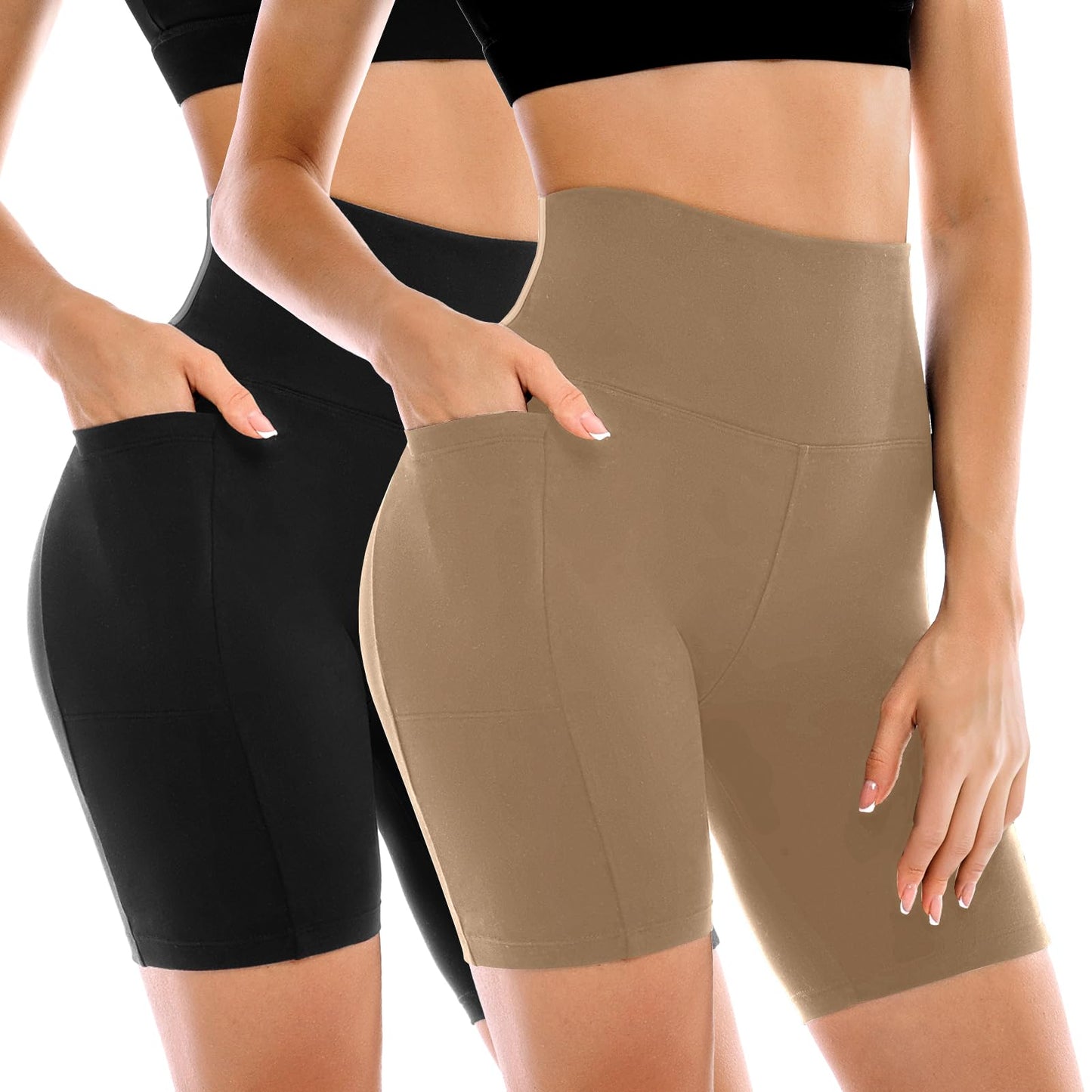 Conjunto de 2 Shorts Ciclistas Femininos Leafigure com Bolsos, Cintura Alta e Modelagem Abdominal para Yoga, Corrida, Academia e Treinos.