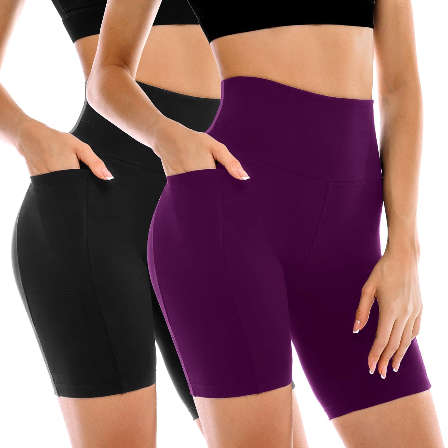 Conjunto de 2 Shorts Ciclistas Femininos Leafigure com Bolsos, Cintura Alta e Modelagem Abdominal para Yoga, Corrida, Academia e Treinos.