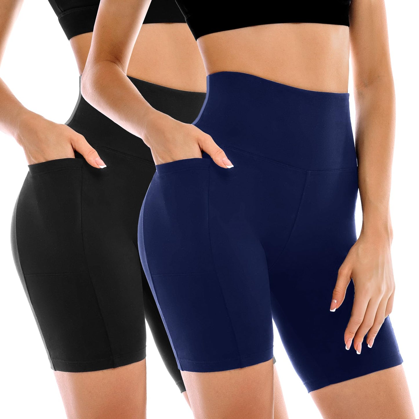Conjunto de 2 Shorts Ciclistas Femininos Leafigure com Bolsos, Cintura Alta e Modelagem Abdominal para Yoga, Corrida, Academia e Treinos.