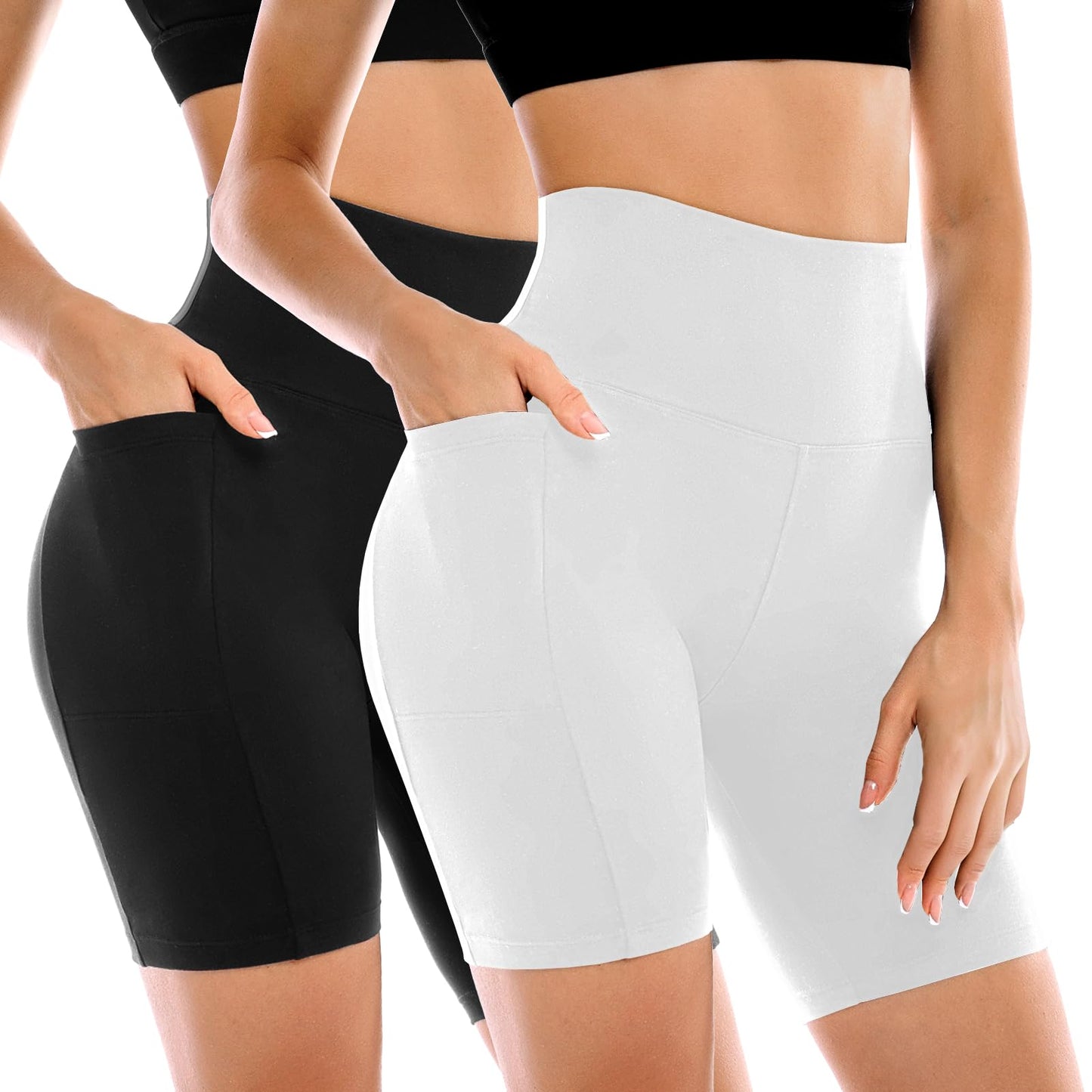 Conjunto de 2 Shorts Ciclistas Femininos Leafigure com Bolsos, Cintura Alta e Modelagem Abdominal para Yoga, Corrida, Academia e Treinos.